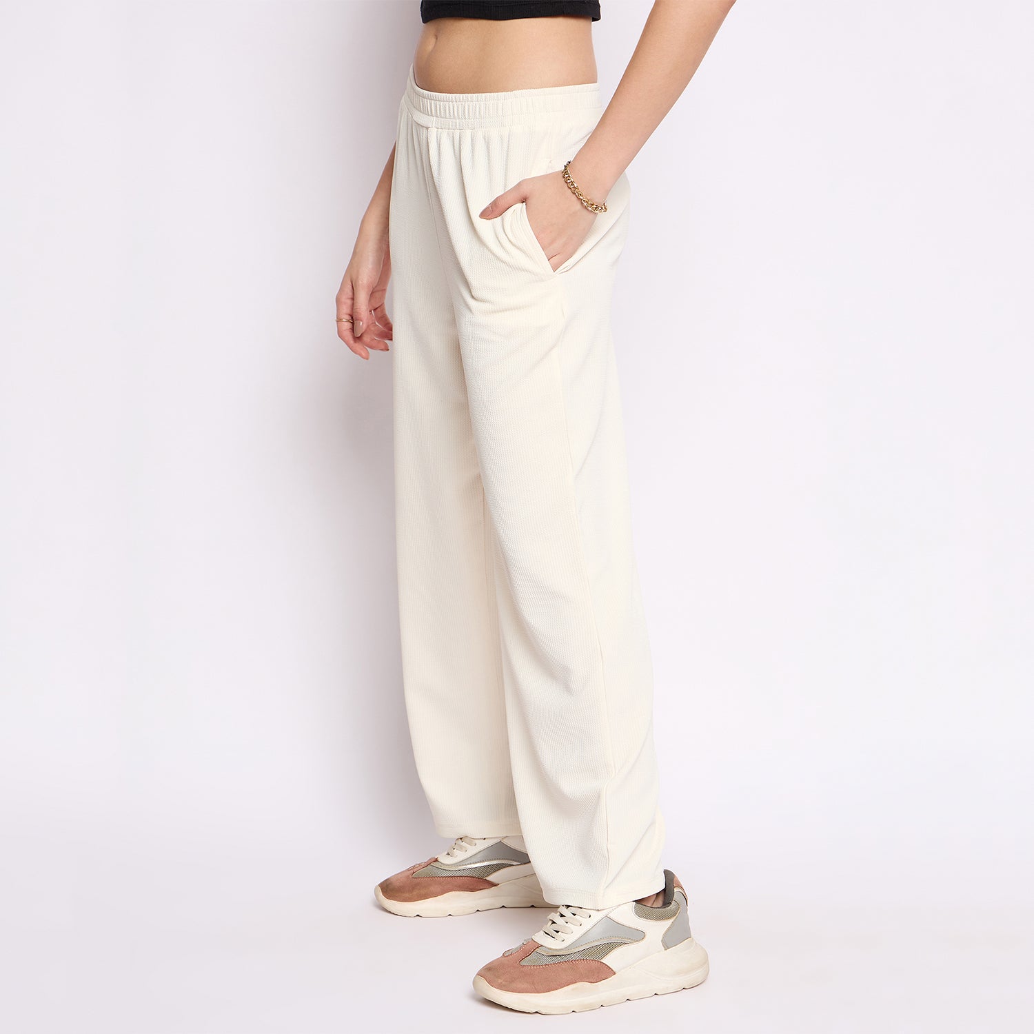 Women's Palazzo Pants with Pockets, Wide Leg, Ribbed Pattern, Elastic Waistband, Cream
