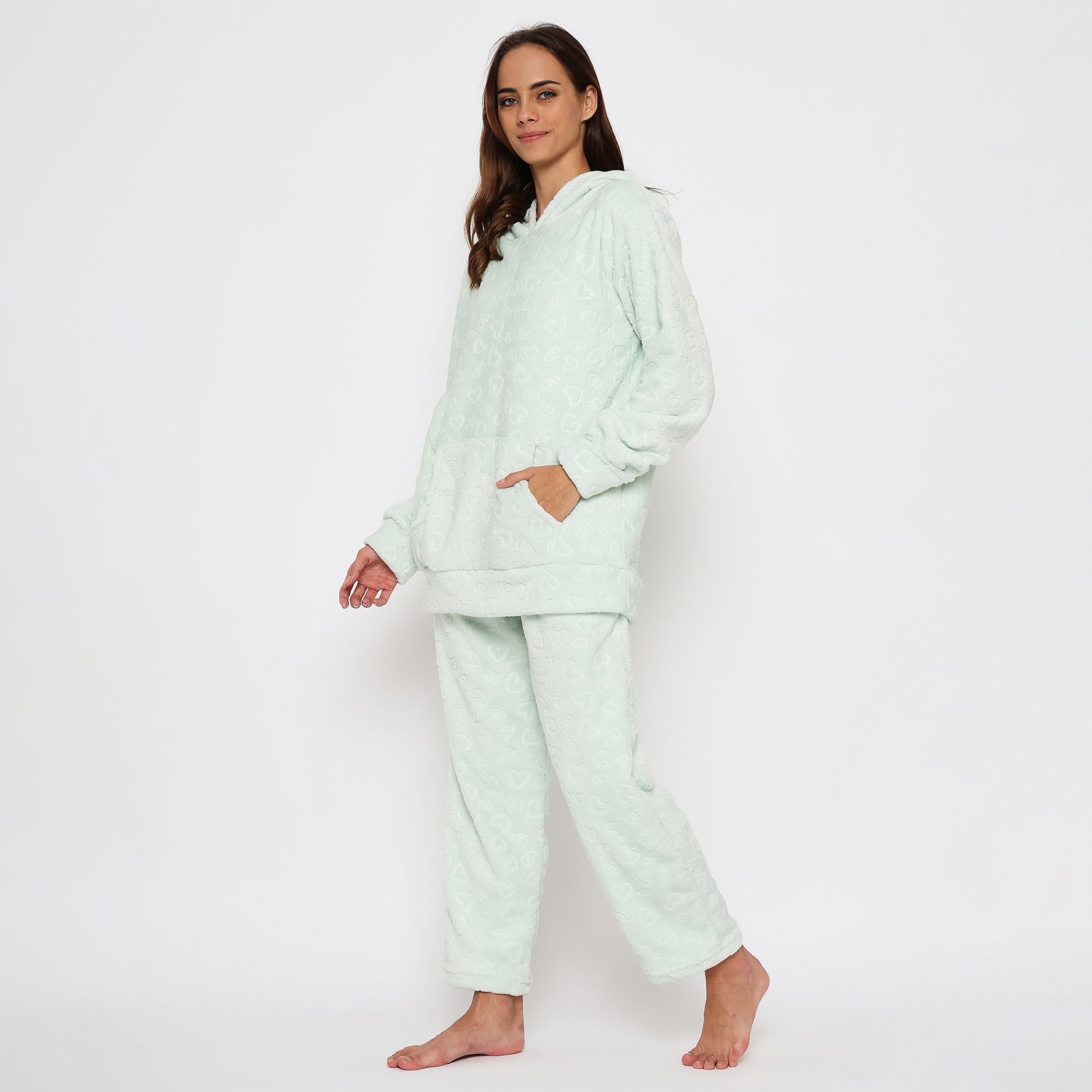 Women's Embossed Full Sleeve Hooded Top and Pajama Pants with Pockets