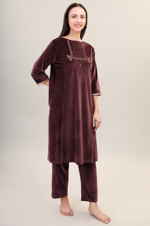 Women's Velvet Winter Embroidered Corduroy Kurti Set, Long Sleeves (Brown)