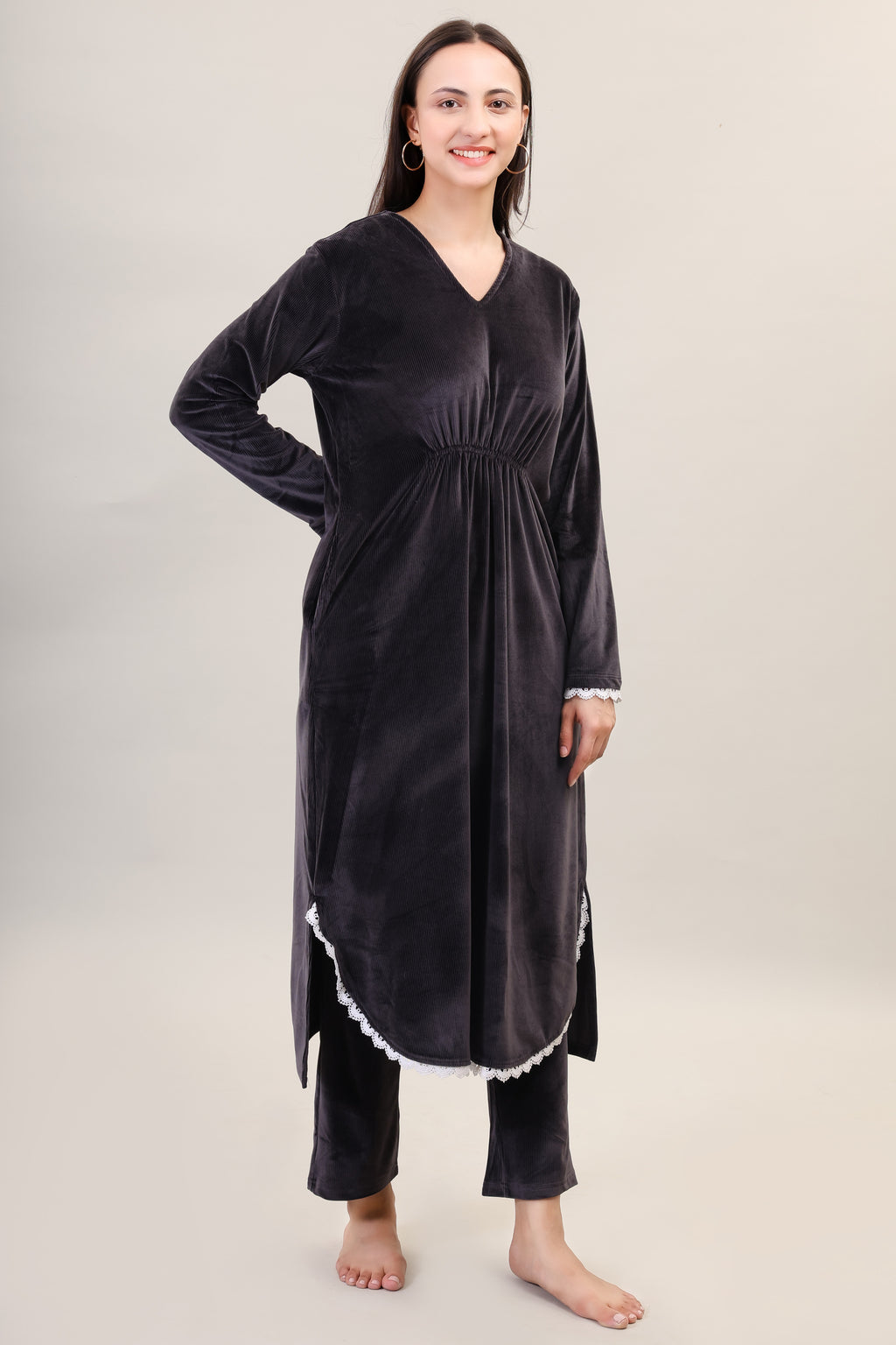 Women's Velvet Winter Corduroy Kurti Set, V-Neck, Long Sleeves (Black)