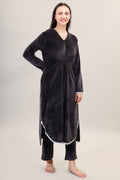 Women's Velvet Winter Corduroy Kurti Set, V-Neck, Long Sleeves (Black)