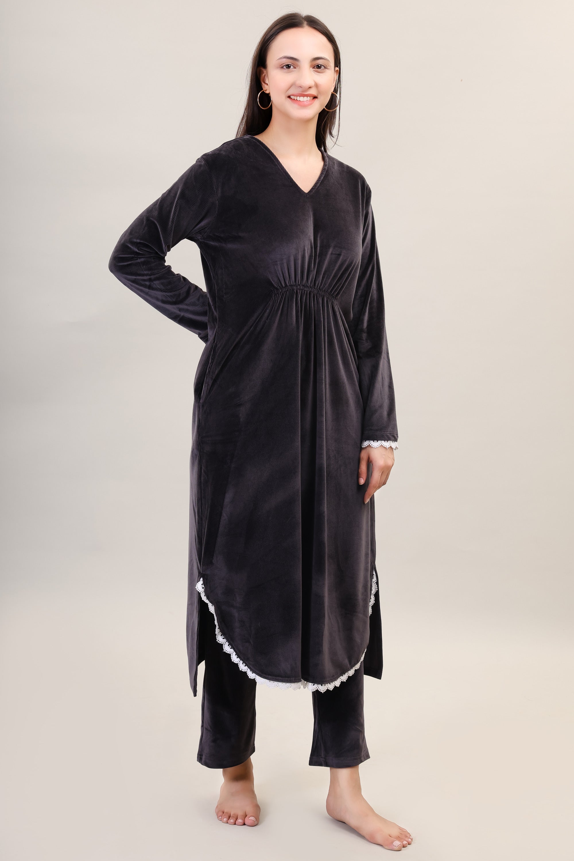 Women's Velvet Winter Corduroy Kurti Set, V-Neck, Long Sleeves (Black)