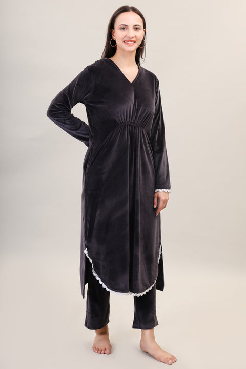 Women's Velvet Winter Corduroy Kurti Set, V-Neck, Long Sleeves (Black)