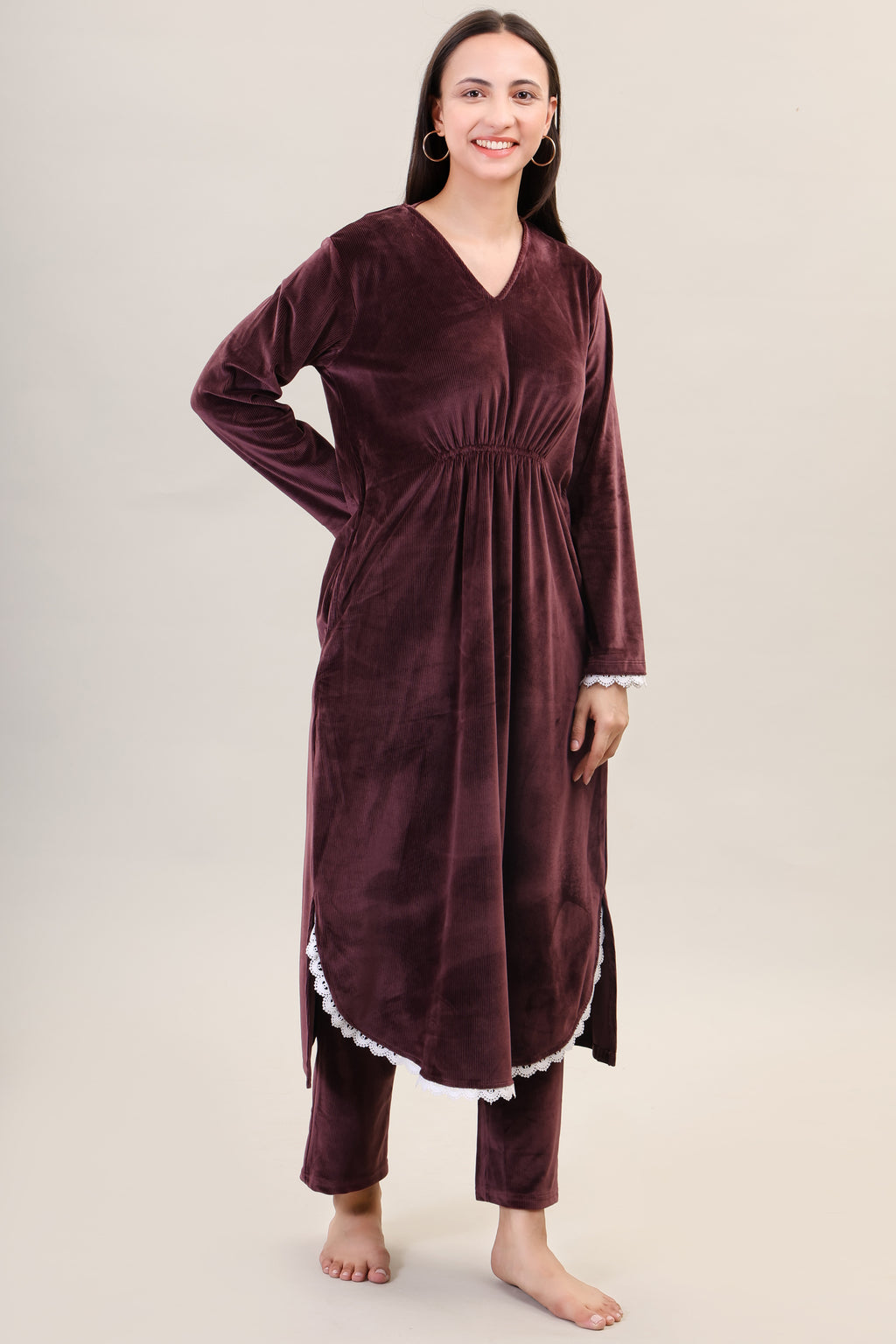 Women's Velvet Winter Corduroy Kurti Set, V-Neck, Long Sleeves (Brown)