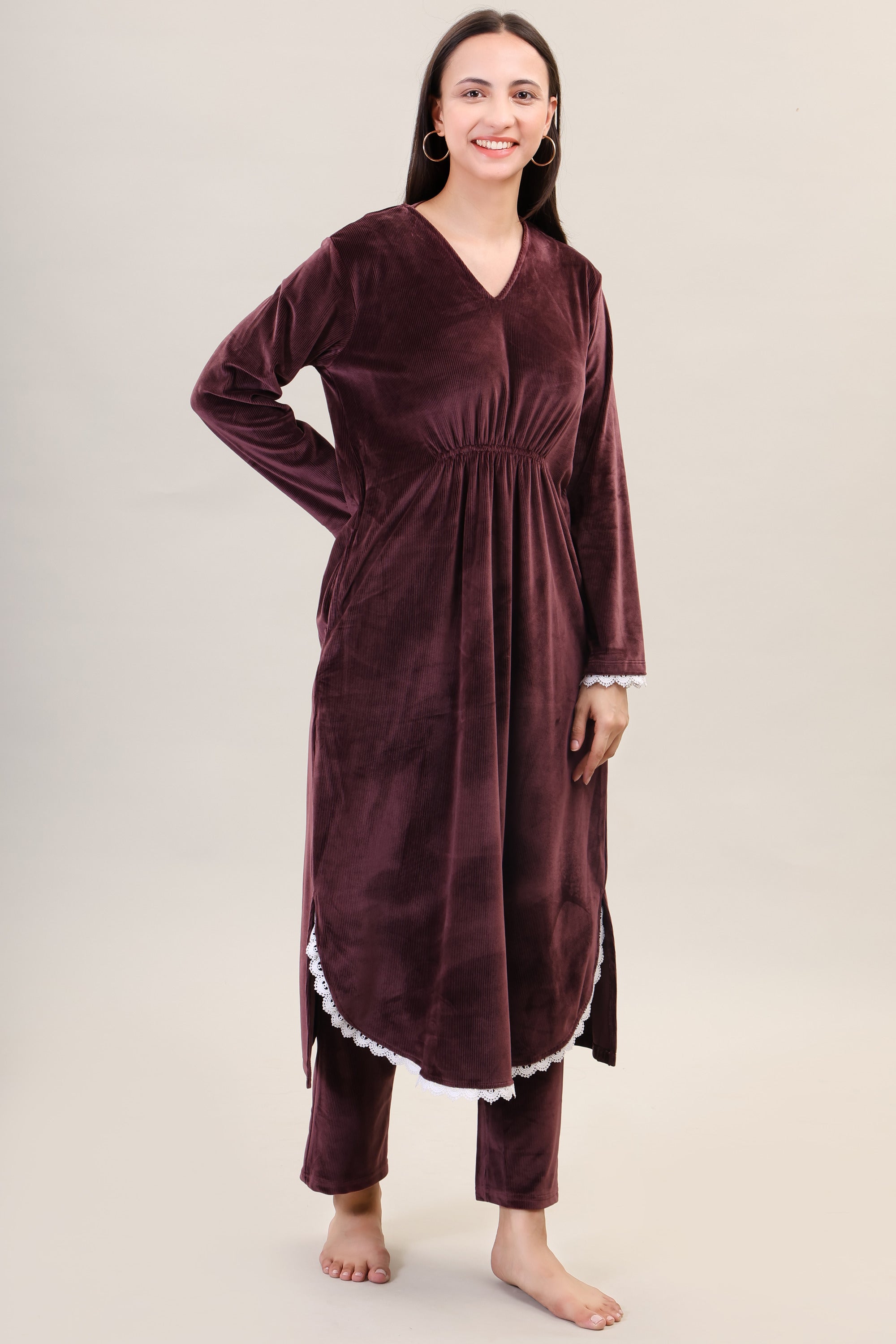 Women's Velvet Winter Corduroy Kurti Set, V-Neck, Long Sleeves (Brown)