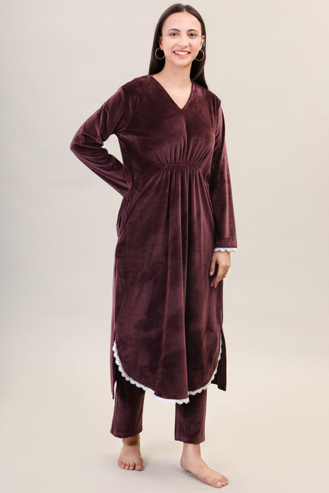 Women's Velvet Winter Corduroy Kurti Set, V-Neck, Long Sleeves (Brown)