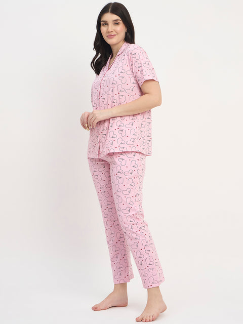 Women's Printed Nightsuit Pajama Set, Short Sleeve Button-Down Top with Pants, Cotton Nightwear, D.Pink