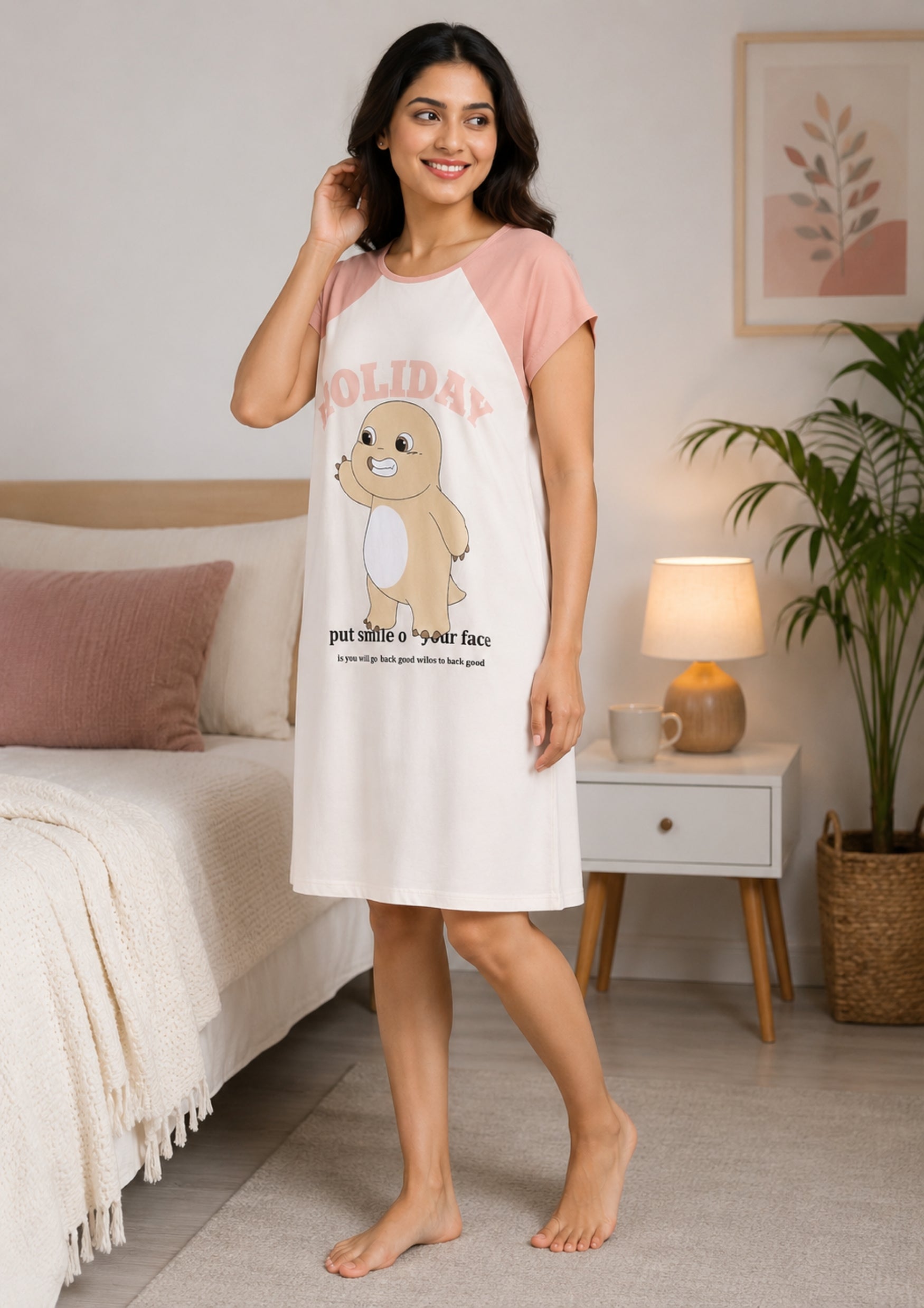 Women's Cute Cartoon Printed Knee Length Nighty | Soft Comfortable Loose Fit Short Sleeve Nighty for Women