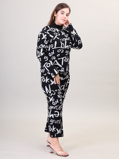 Women's Long Sleeve Round Neck woolen Black Co-Ord Set