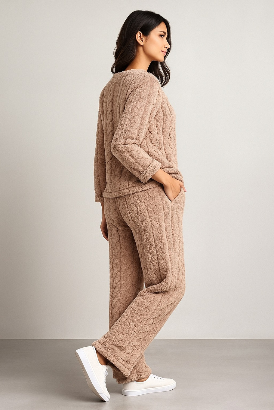 Camey Women Fleece Winter Night Suit Set | Cable Knit Textured Night Suit