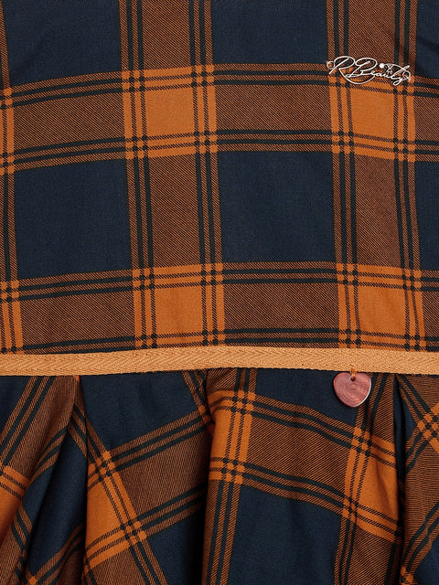 Girls Plaid Sleeveless Dress, Navy Blue ,Orange,Pink & Green Check Pattern, Flared Style