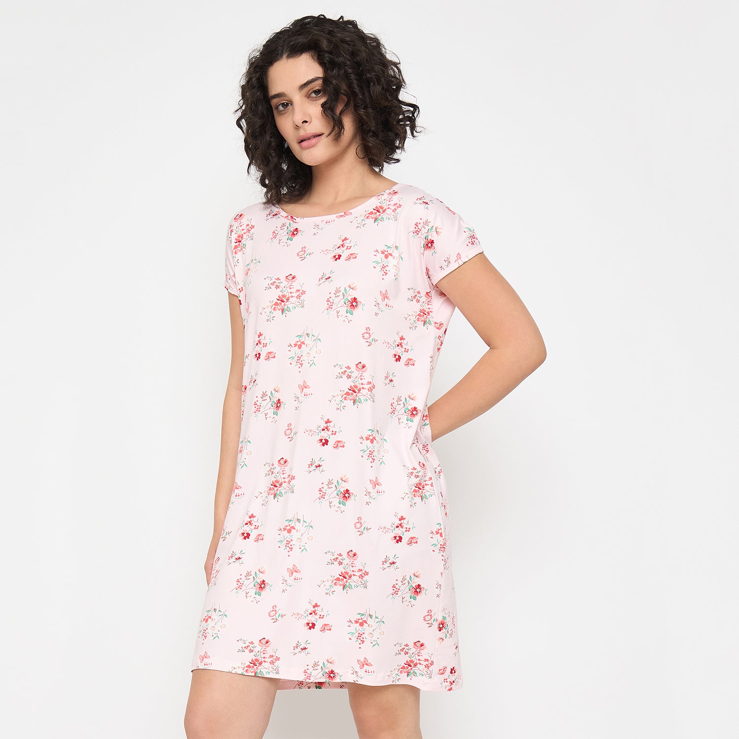 Camey Cotton Nighty – Best Nightwear for Women Online | Women's Printed Nightgown, Short Sleeve Sleep Dress, Short Length, Short Nighty, Pink Red
