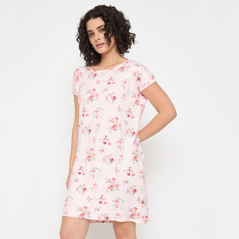 Camey Cotton Nighty – Best Nightwear for Women Online | Women's Printed Nightgown, Short Sleeve Sleep Dress, Short Length, Short Nighty, Pink Red