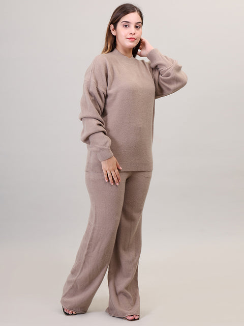 Women's Long Sleeve Round Neck woolen Khaki Co-Ord Set