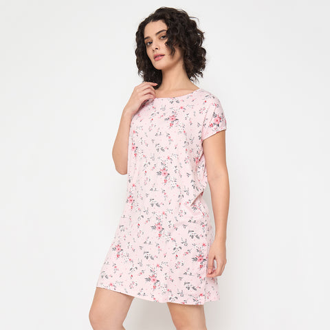 Women's Printed Nightgown, Short Sleeve Sleep Dress, Short Length, Short Nighty, Peach Red