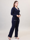 Women's Long Sleeve V-Neck open Button woolen Navy Co-Ord Set