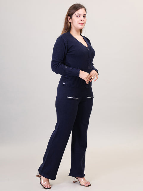 Women's Long Sleeve V-Neck open Button woolen Navy Co-Ord Set