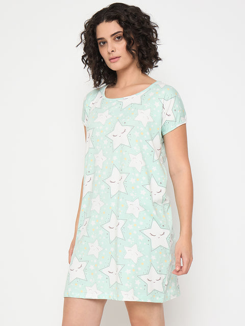 Women's Printed Nightgown, Short Sleeve Sleep Dress, Short Length, Short Nighty, White Green