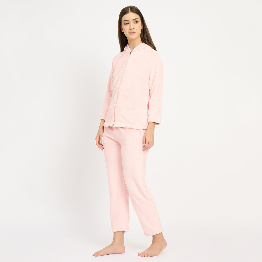 Women's Winter Full Sleeve Jacquard Zipper Hoody Nightsuit