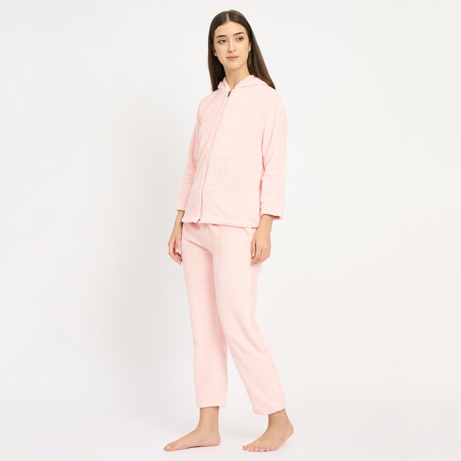 Women's Winter Full Sleeve Jacquard Zipper Hoody Nightsuit