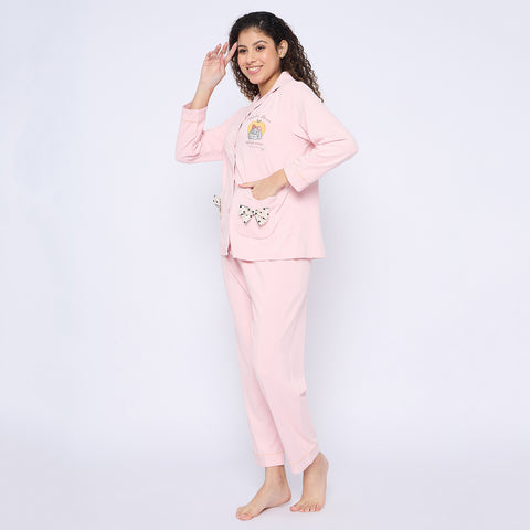 Cotton Pajama Set for Women, Long Sleeve Button-Down Top with Bow Pockets and Full-Length Pants, Pink