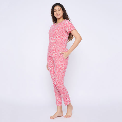 Women's Printed Pyjama Set with pockets, Red