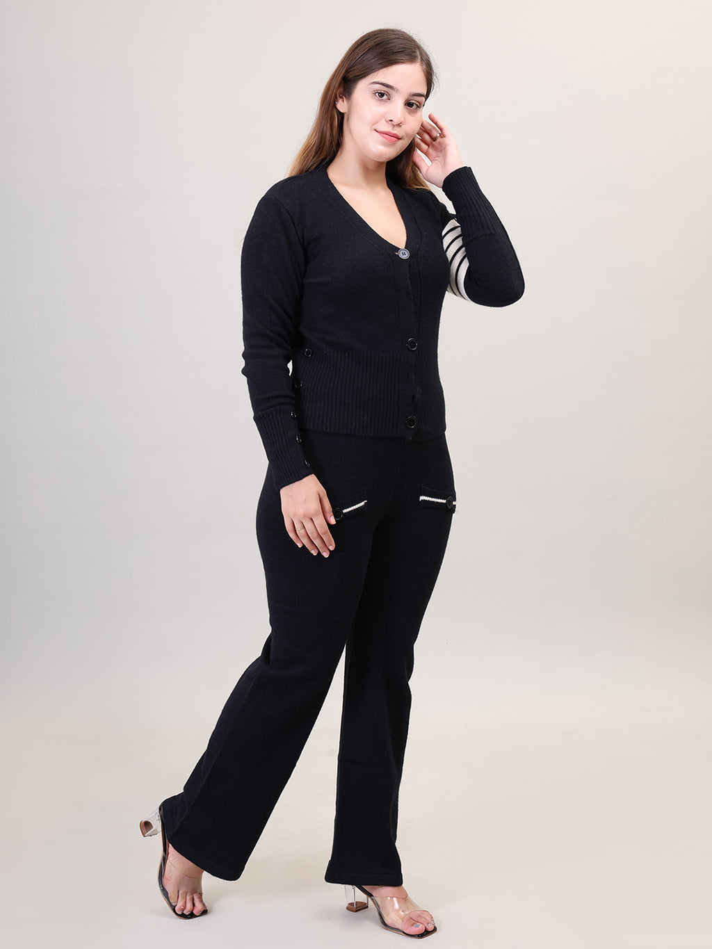 Women's Long Sleeve V-Neck open Button woolen Black Co-Ord Set