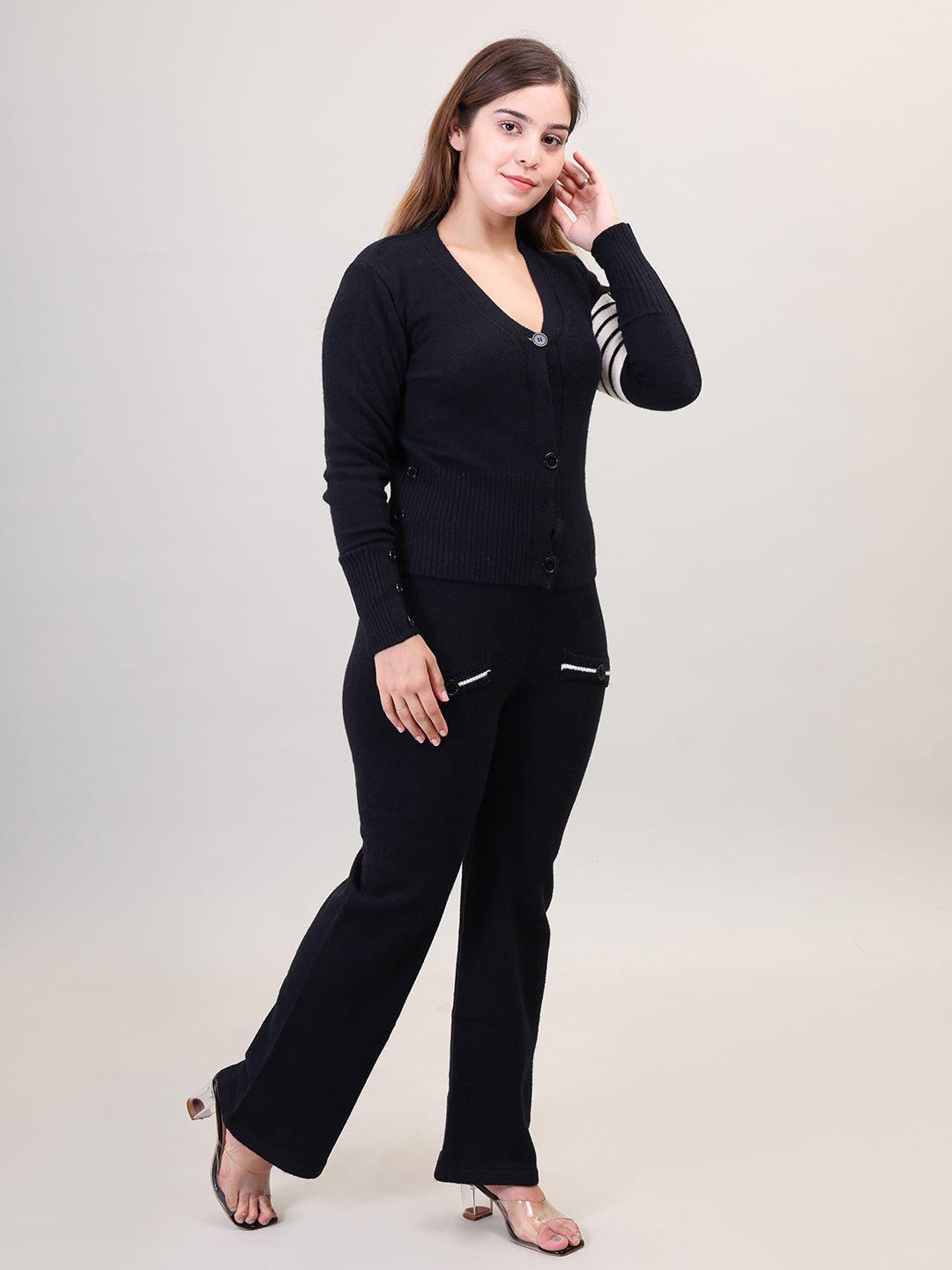 Women's Long Sleeve V-Neck open Button woolen Black Co-Ord Set