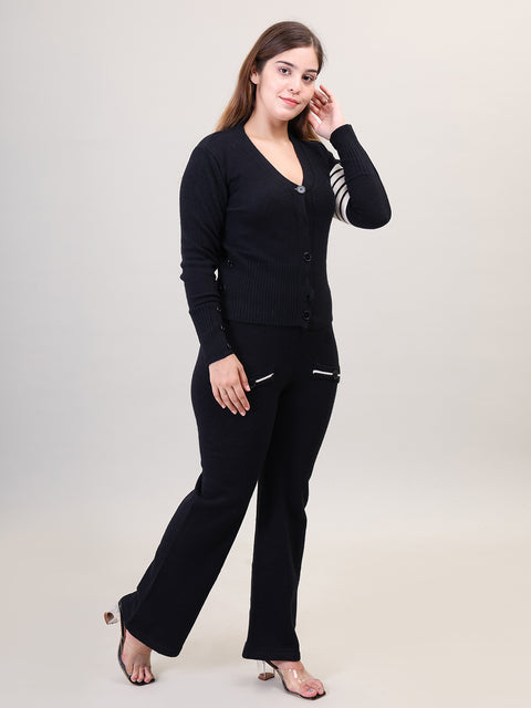Women's Long Sleeve V-Neck open Button woolen Black Co-Ord Set