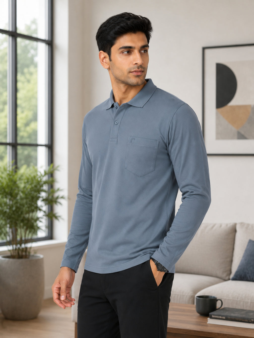 Camey Men's Plain Solid Full Sleeve Polo T-Shirt | Collared Casual Cotton Blend Tee with Chest Pocket
