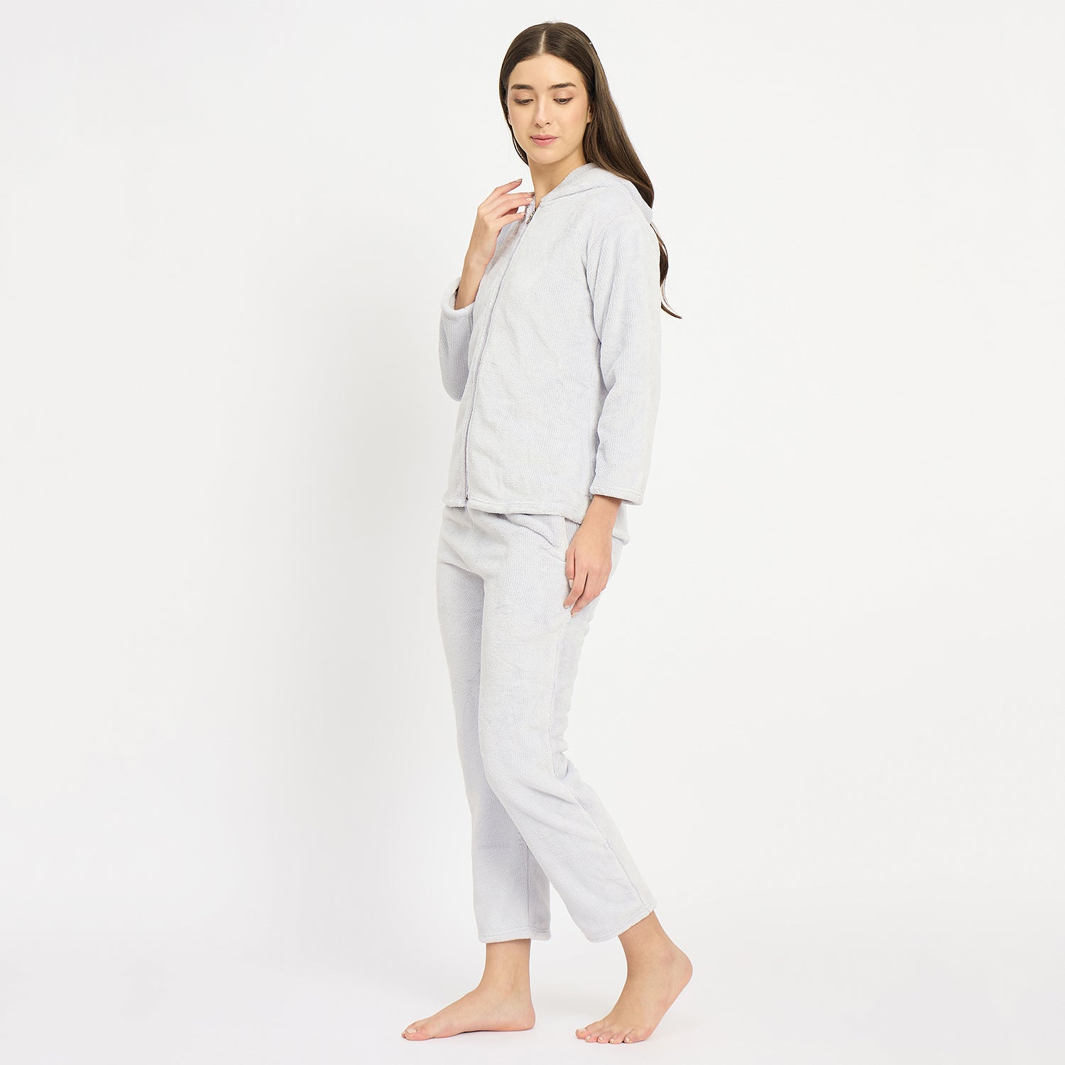 Women's Winter Full Sleeve Jacquard Zipper Hoody Nightsuit