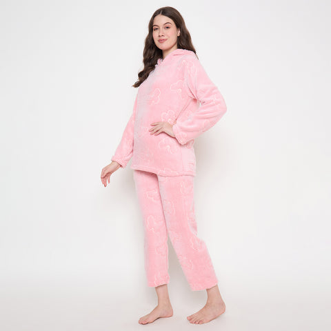 Women's Winter Glow in Dark Printed Full Sleeve Hooded Top, Pajama Pants with Pockets