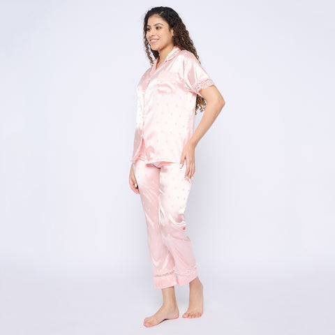 Women's Satin Pyjama Set, Short Sleeve Button-Down Shirt with Full Length Pyjama