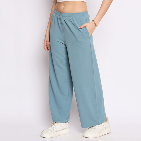 Women's Palazzo Pants with Pockets, Wide Leg, Ribbed Pattern, Elastic Waistband, Teal