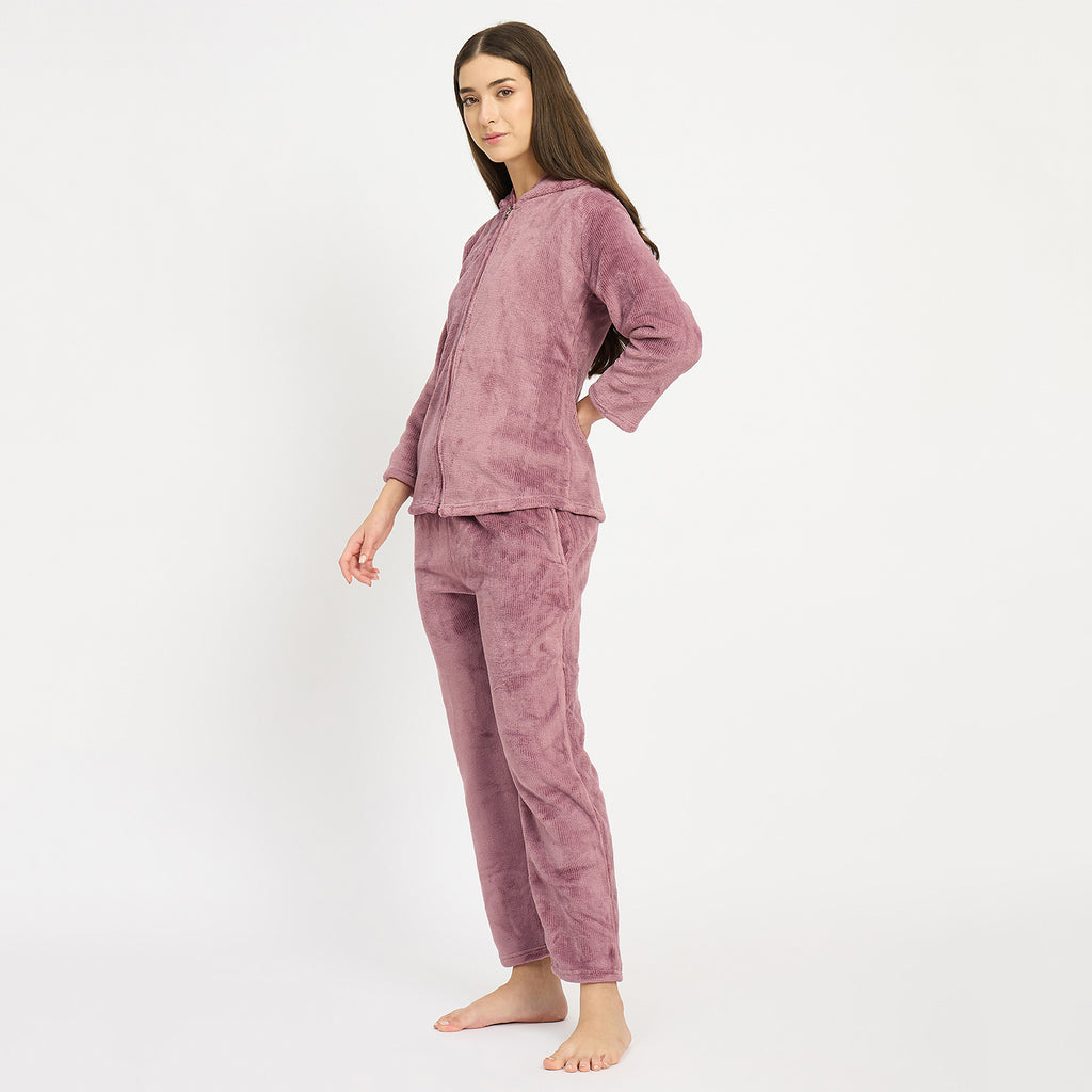 Women's Winter Full Sleeve Jacquard Zipper Hoody Nightsuit