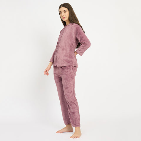Women's Winter Full Sleeve Jacquard Zipper Hoody Nightsuit
