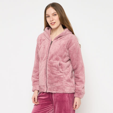 Women Solid Hooded Sherpa Fleece Sweatshirt