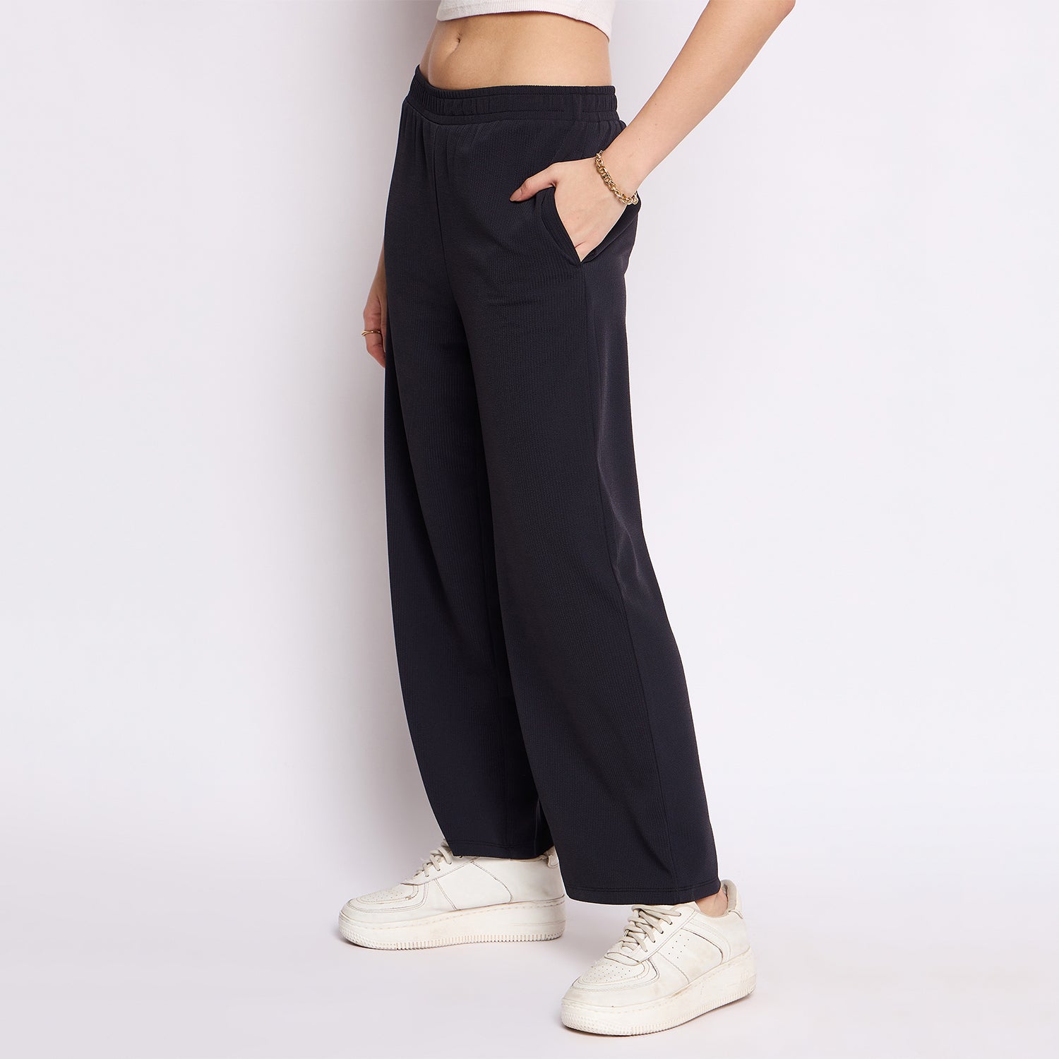 Women's Palazzo Pants with Pockets, Wide Leg, Ribbed Pattern, Elastic Waistband, Navy
