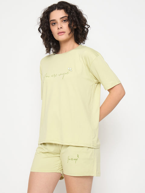 Women's Cotton Loungewear Set, Short Sleeve T-Shirt and Shorts, Light Green