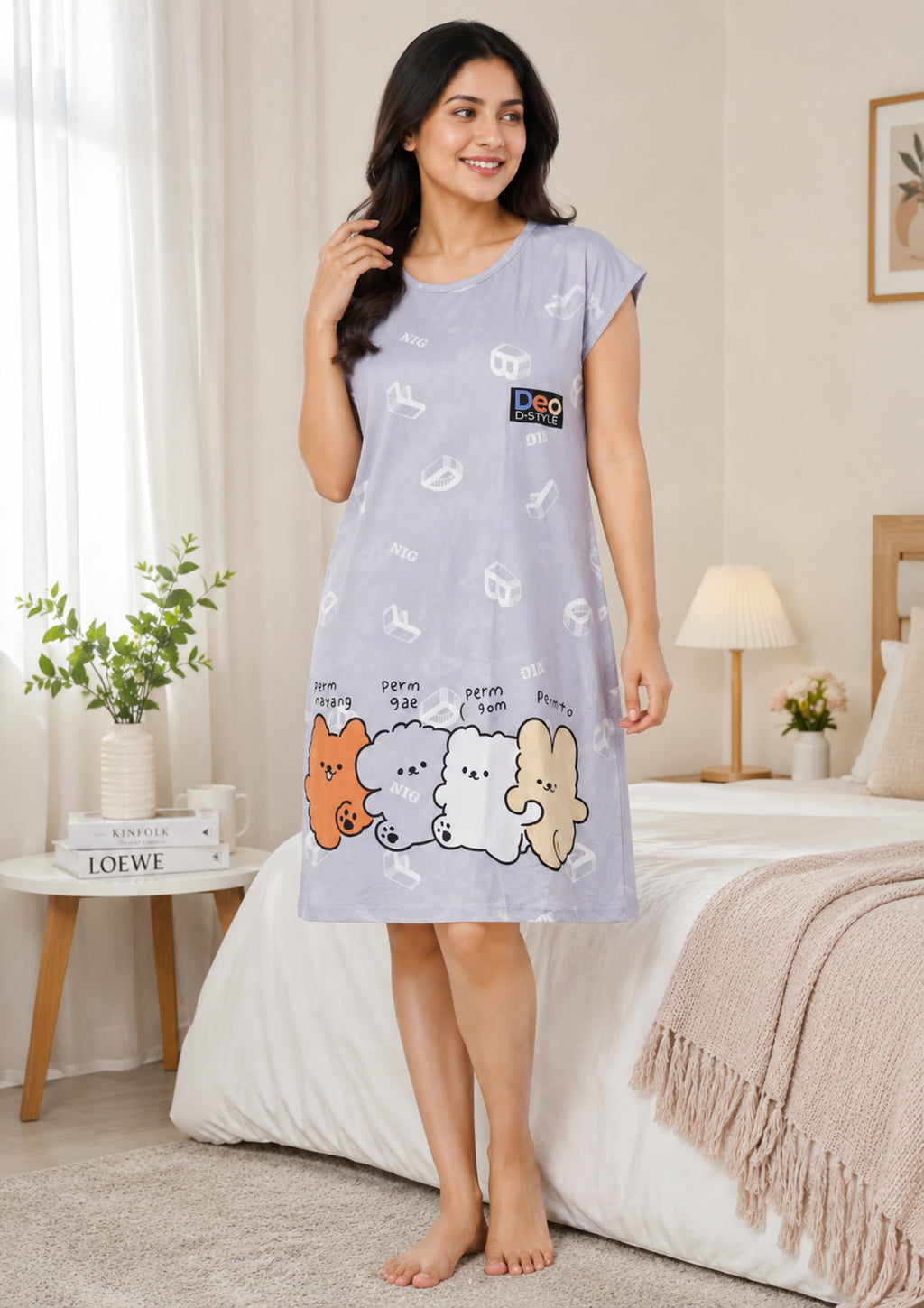 Women's Cute Cartoon Printed Knee Length Nighty | Soft Comfortable Loose Fit Short Sleeve Nighty for Women