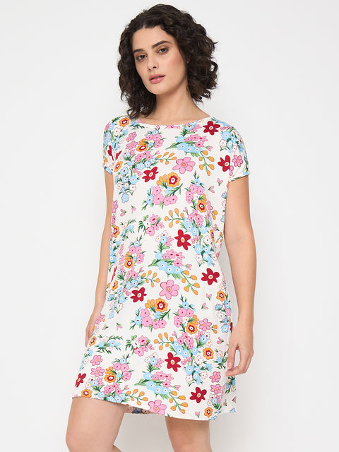 Women's Printed Nightgown, Short Sleeve Sleep Dress, Short Length, Short Nighty, White Red