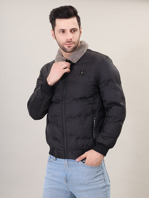 Black Spread Collar Puffer Jacket for Mens