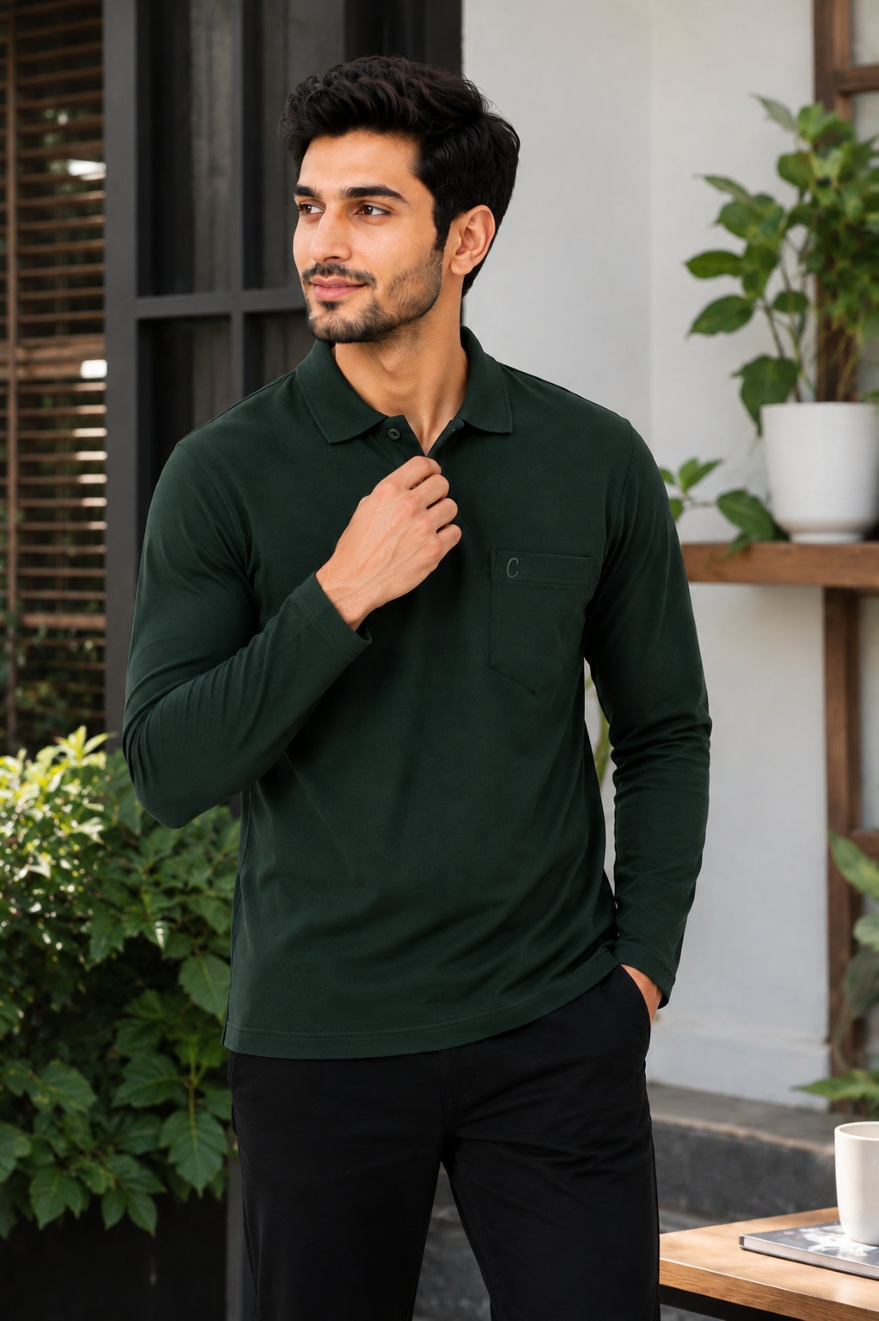 Camey Men's Plain Solid Long Sleeve Polo T-Shirt for men | Collared Casual Cotton Blend Tee with Chest Pocket