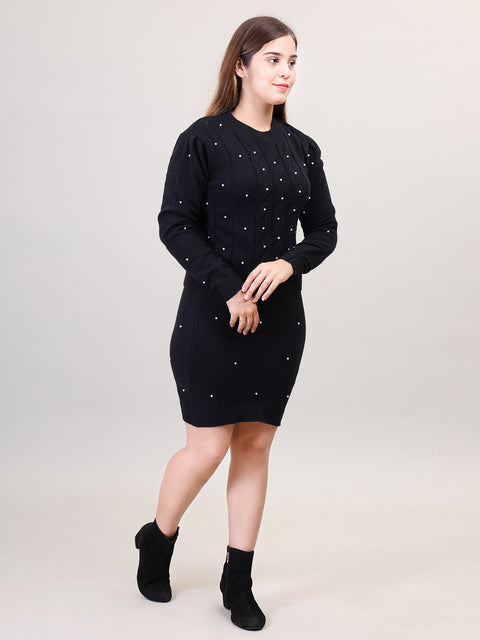 Women's Long Sleeve Round Neck woolen Black Skirt Set