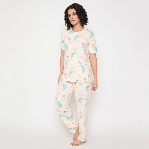 Chic Camey Ladies Night Suit – Soft & Breathable Night Suit | Women's Printed Pyjama Set, Peach
