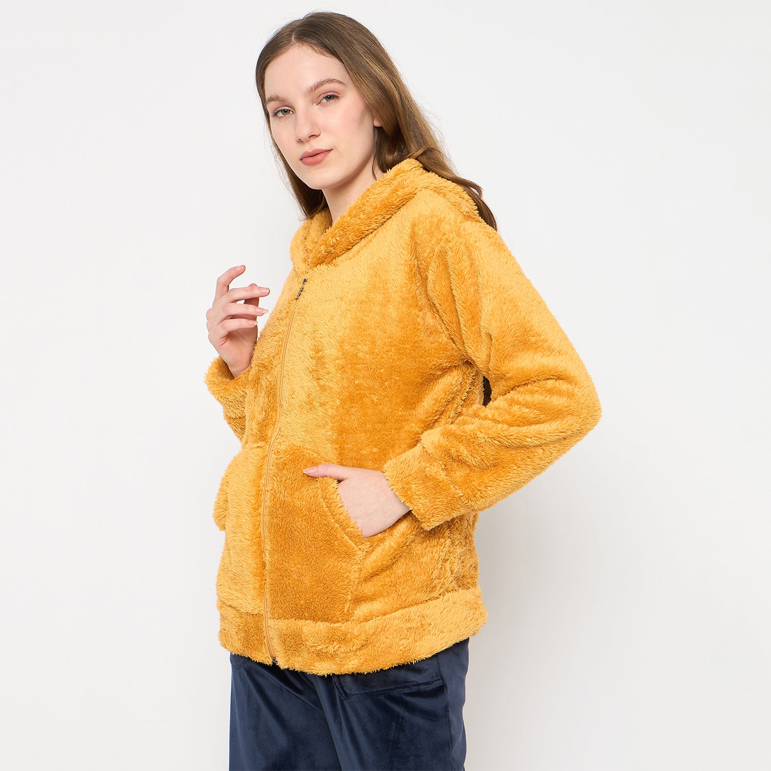 Women Solid Hooded Sherpa Fleece Sweatshirt
