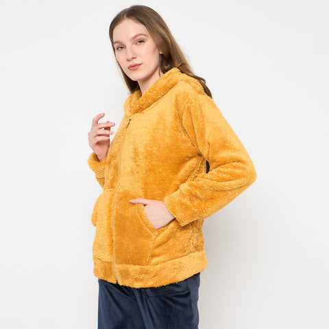 Women Solid Hooded Sherpa Fleece Sweatshirt
