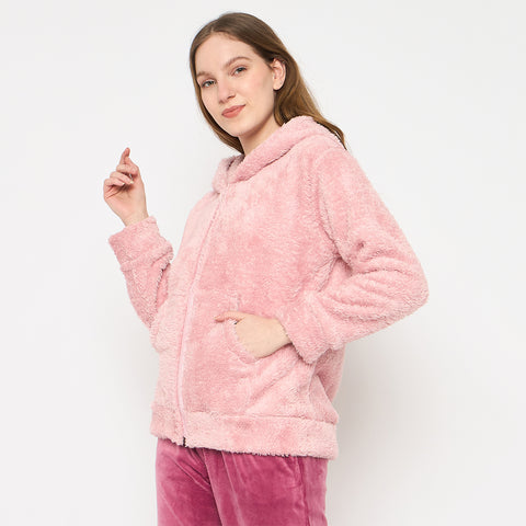 Women Solid Hooded Sherpa Fleece Sweatshirt