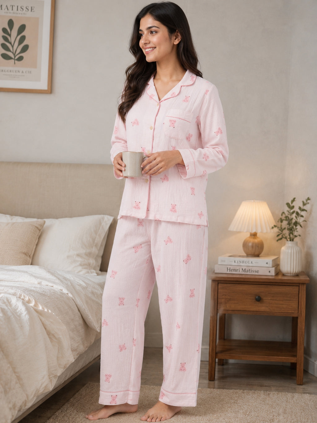 Women Night Suit Cotton Muslin Pyjama Set | Soft Printed Full Sleeve Sleepwear