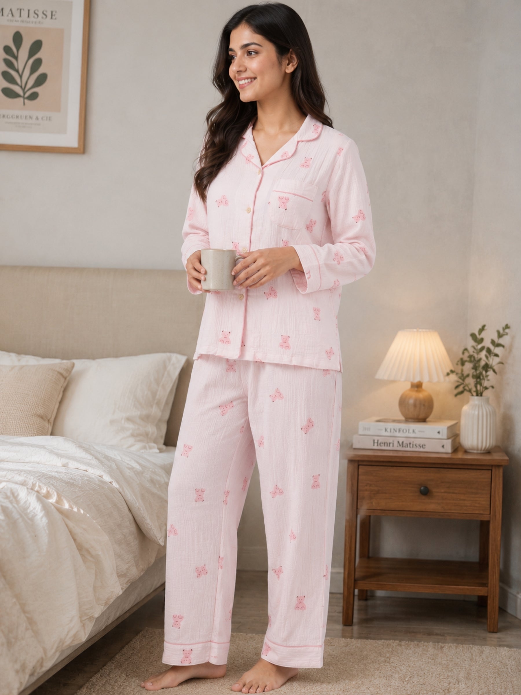 Women Night Suit Cotton Muslin Pyjama Set | Soft Printed Full Sleeve Sleepwear